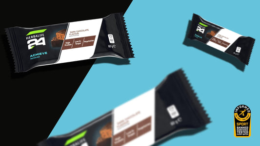 Three herbal energy bars on a blue background with sport safety labels visible.