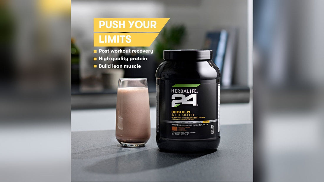 Herbalife24 Rebuild Strength chocolate post-workout protein shake tub and shaker
