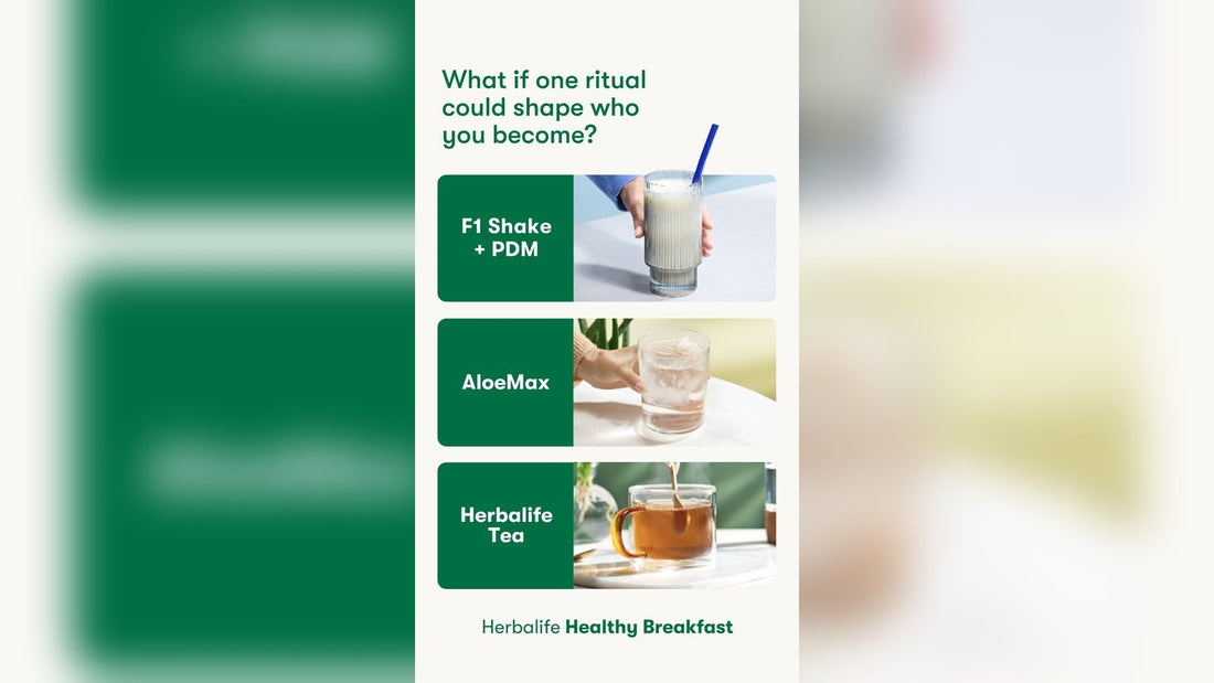 Herbalife breakfast pack with Formula 1 shake, Instant Herbal Tea and Herbal Aloe Concentrate on a kitchen table