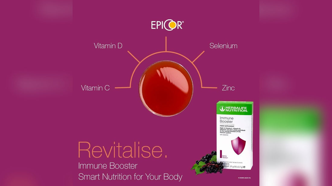 Herbalife Immune Booster berry flavour sachets with vitamin C, vitamin D, zinc and selenium, prepared as a berry drink