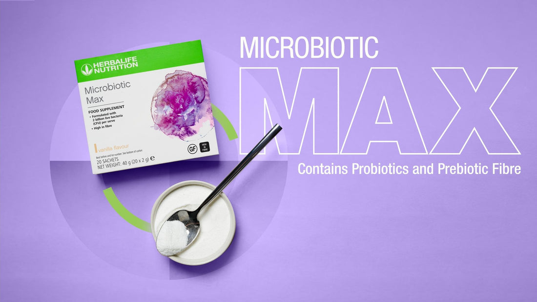 Herbalife Microbiotic Max vanilla food supplement sachets next to a glass of water
